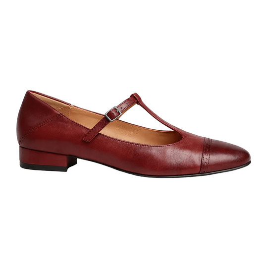 Womens Leather Mary Jane Flats – Cap Toe Low Block Heel Shoes